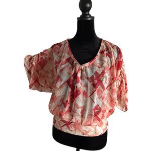 WHBM Abstract Print‎ Sheer Top Pink Smocked Wide Sleeve Romantic Flowy Size XXS